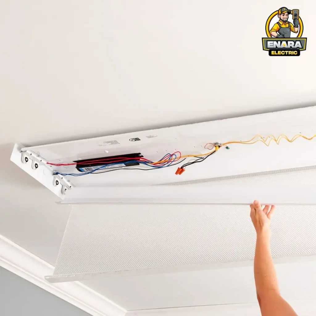 Enara Electric technician doing fluorescent light ballast replacement in a Cresskill NJ office ceiling